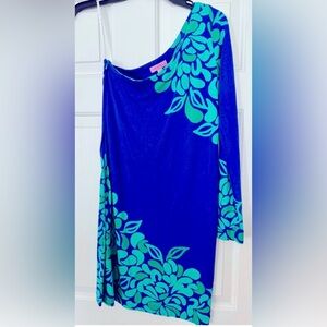 Lilly Pulitzer Vibrant Blue and Green one shoulder Dress size small Easter